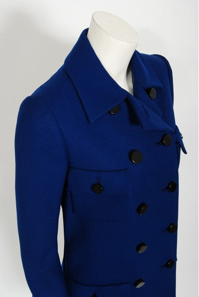 1969 Norman Norell Royal Blue Wool Double-Breasted Mod Military Coat