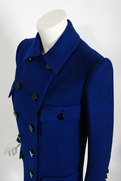 1969 Norman Norell Royal Blue Wool Double-Breasted Mod Military Coat