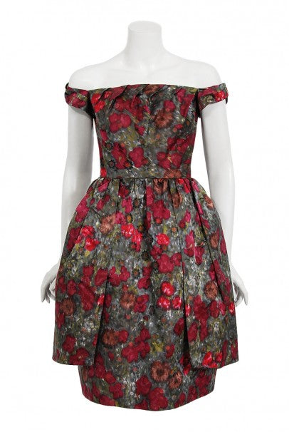 1950&#39;s Claire Schaffel Floral Print Silk Off-Shoulder Cocktail Dress