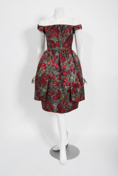 1950&#39;s Claire Schaffel Floral Print Silk Off-Shoulder Cocktail Dress