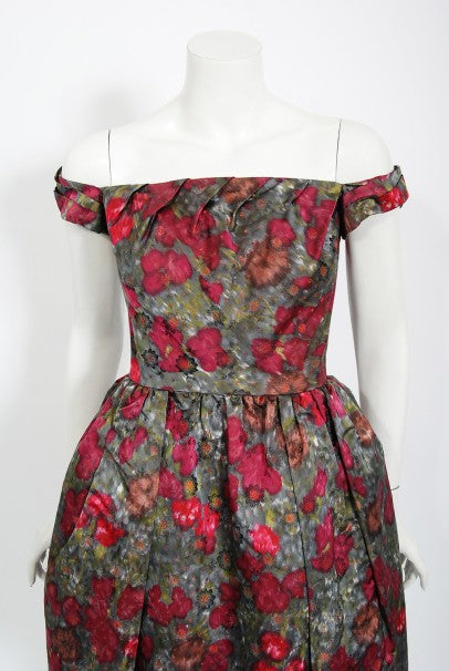 1950&#39;s Claire Schaffel Floral Print Silk Off-Shoulder Cocktail Dress