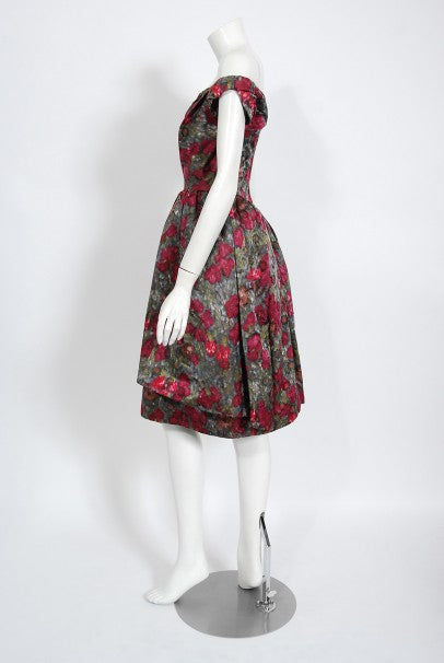1950&#39;s Claire Schaffel Floral Print Silk Off-Shoulder Cocktail Dress