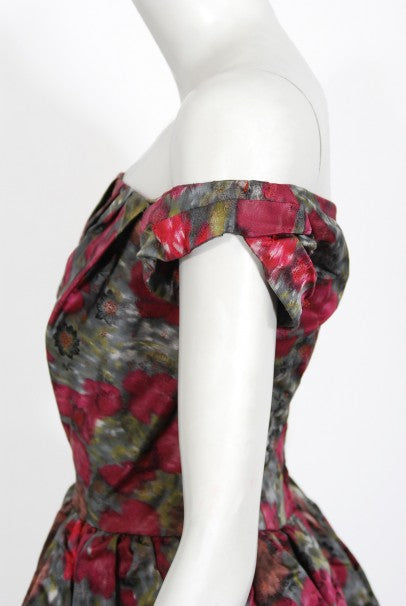 1950&#39;s Claire Schaffel Floral Print Silk Off-Shoulder Cocktail Dress