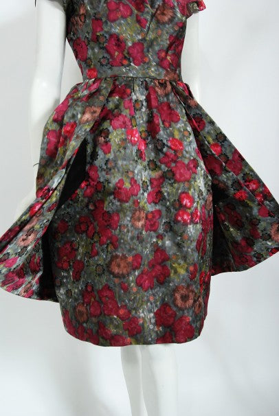 1950&#39;s Claire Schaffel Floral Print Silk Off-Shoulder Cocktail Dress