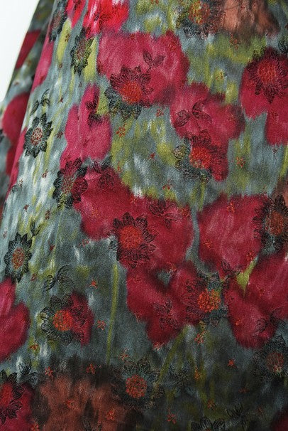 1950&#39;s Claire Schaffel Floral Print Silk Off-Shoulder Cocktail Dress