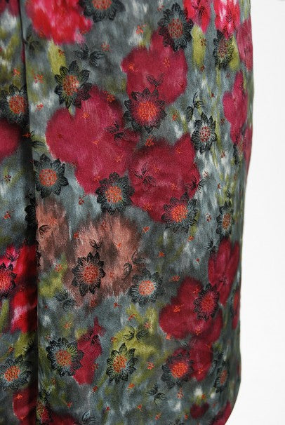 1950&#39;s Claire Schaffel Floral Print Silk Off-Shoulder Cocktail Dress