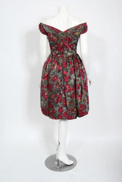 1950&#39;s Claire Schaffel Floral Print Silk Off-Shoulder Cocktail Dress