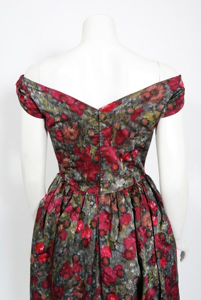 1950&#39;s Claire Schaffel Floral Print Silk Off-Shoulder Cocktail Dress