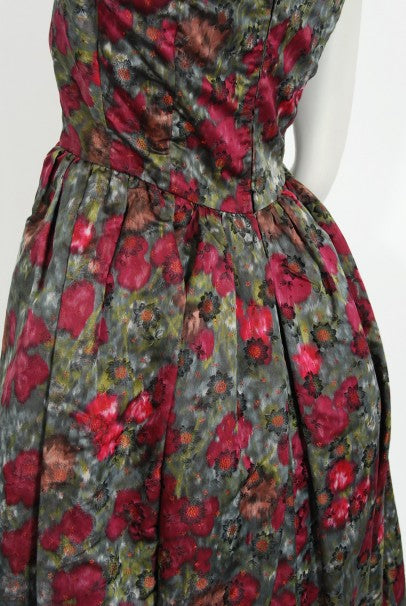 1950&#39;s Claire Schaffel Floral Print Silk Off-Shoulder Cocktail Dress