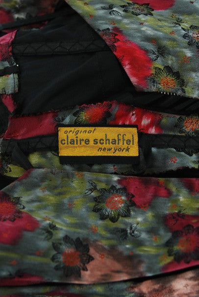 1950&#39;s Claire Schaffel Floral Print Silk Off-Shoulder Cocktail Dress