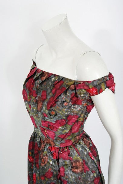 1950&#39;s Claire Schaffel Floral Print Silk Off-Shoulder Cocktail Dress