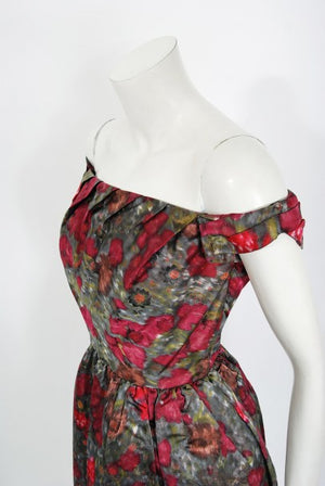 1950's Claire Schaffel Floral Print Silk Off-Shoulder Cocktail Dress