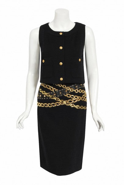 1985 Chanel Documented Black Wool Metallic Gold Trompe L&#39;oeil Belt Dress