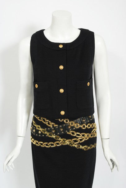 1985 Chanel Documented Black Wool Metallic Gold Trompe L&#39;oeil Belt Dress