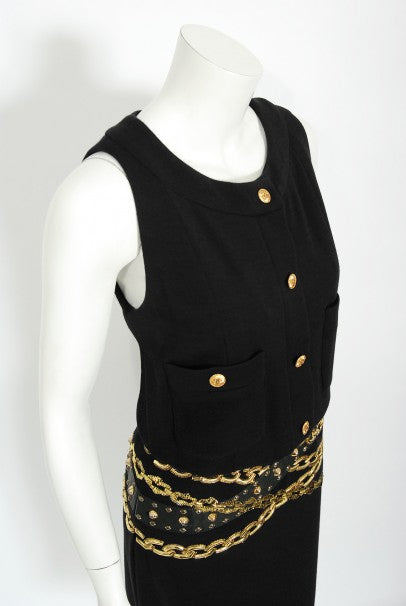1985 Chanel Documented Black Wool Metallic Gold Trompe L&#39;oeil Belt Dress