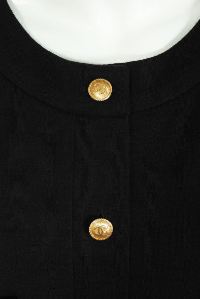 1985 Chanel Documented Black Wool Metallic Gold Trompe L&#39;oeil Belt Dress