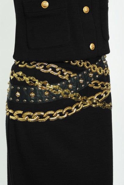 1985 Chanel Documented Black Wool Metallic Gold Trompe L&#39;oeil Belt Dress
