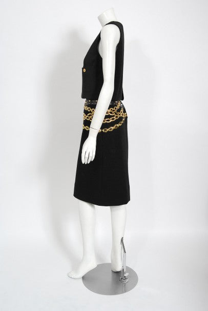1985 Chanel Documented Black Wool Metallic Gold Trompe L&#39;oeil Belt Dress