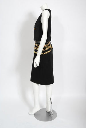 1985 Chanel Documented Black Wool Metallic Gold Trompe L'oeil Belt Dress