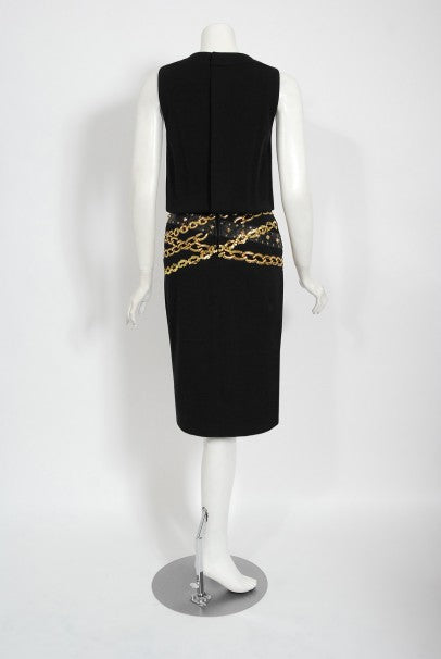 1985 Chanel Documented Black Wool Metallic Gold Trompe L&#39;oeil Belt Dress