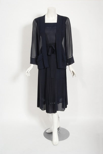 1974 Christian Dior Haute Couture Navy Pleated Silk Cutwork Dress Set