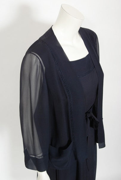 1974 Christian Dior Haute Couture Navy Pleated Silk Cutwork Dress Set