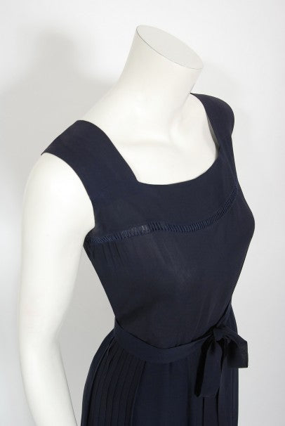 1974 Christian Dior Haute Couture Navy Pleated Silk Cutwork Dress Set