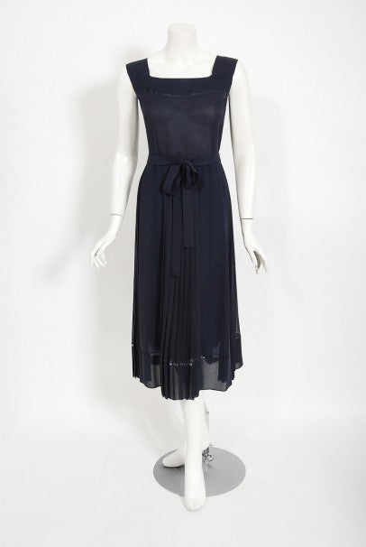 1974 Christian Dior Haute Couture Navy Pleated Silk Cutwork Dress Set