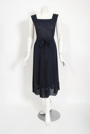 1974 Christian Dior Haute Couture Navy Pleated Silk Cutwork Dress Set