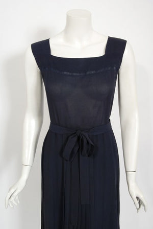 1974 Christian Dior Haute Couture Navy Pleated Silk Cutwork Dress Set