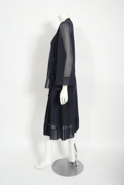 1974 Christian Dior Haute Couture Navy Pleated Silk Cutwork Dress Set