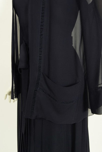 1974 Christian Dior Haute Couture Navy Pleated Silk Cutwork Dress Set