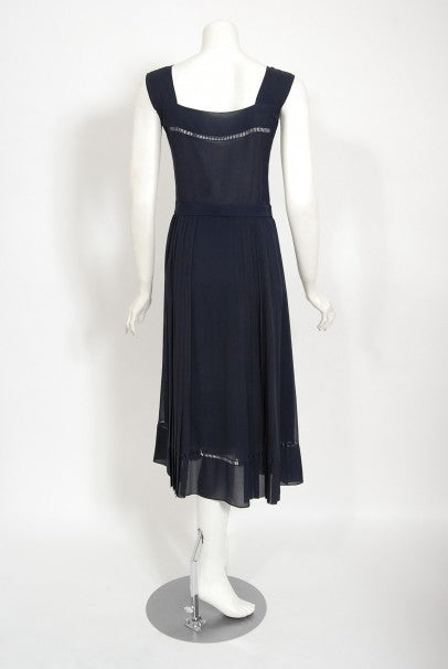 1974 Christian Dior Haute Couture Navy Pleated Silk Cutwork Dress Set