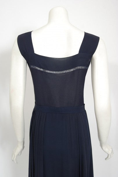 1974 Christian Dior Haute Couture Navy Pleated Silk Cutwork Dress Set