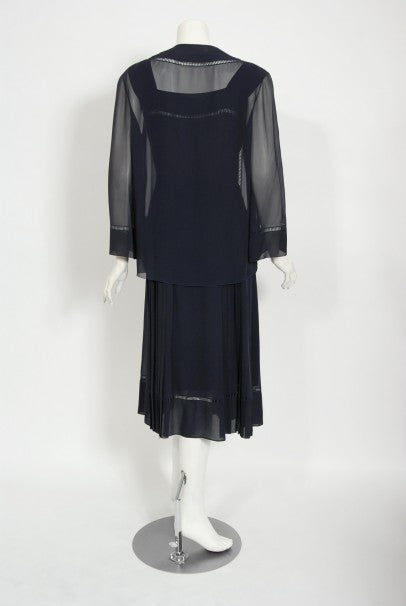 1974 Christian Dior Haute Couture Navy Pleated Silk Cutwork Dress Set
