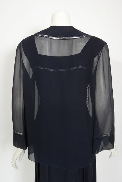 1974 Christian Dior Haute Couture Navy Pleated Silk Cutwork Dress Set