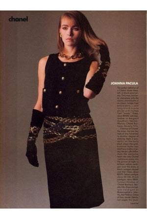 1985 Chanel Documented Black Wool Metallic Gold Trompe L'oeil Belt Dress