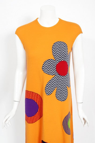 1965 Rudi Gernreich 'Flower Power' Applique Orange Wool Mod Maxi Dress