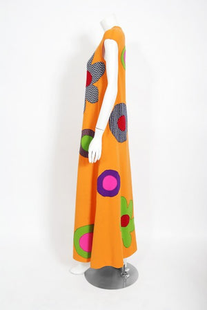 1965 Rudi Gernreich 'Flower Power' Applique Orange Wool Mod Maxi Dress