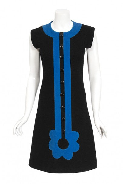 1972 Pierre Cardin Documented Black &amp; Blue Block-Color Wool Mod Dress