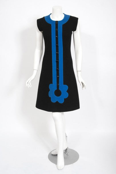 1972 Pierre Cardin Documented Black &amp; Blue Block-Color Wool Mod Dress