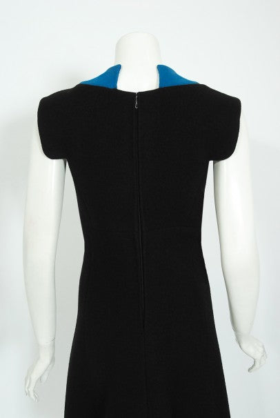 1972 Pierre Cardin Documented Black &amp; Blue Block-Color Wool Mod Dress