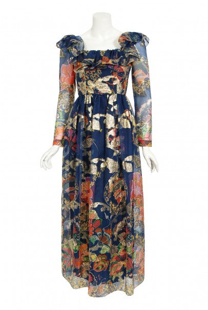 1970's Oscar de la Renta Metallic Navy Floral Silk Long-Sleeve Dress