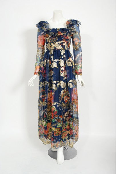 1970's Oscar de la Renta Metallic Navy Floral Silk Long-Sleeve Dress