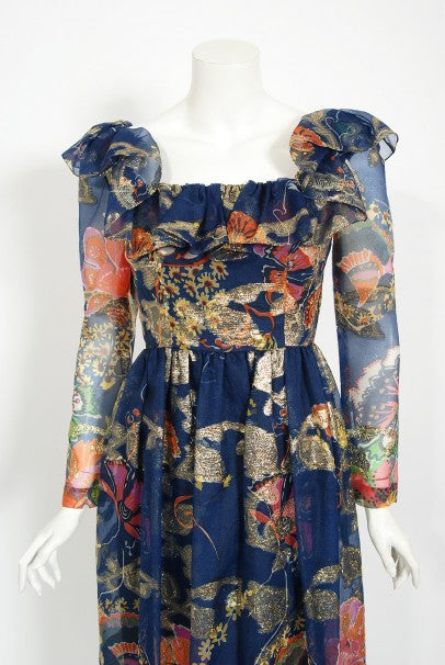 1970's Oscar de la Renta Metallic Navy Floral Silk Long-Sleeve Dress
