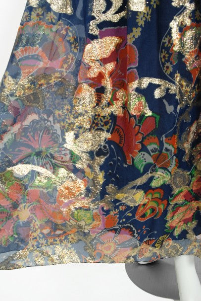 1970's Oscar de la Renta Metallic Navy Floral Silk Long-Sleeve Dress