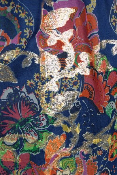 1970's Oscar de la Renta Metallic Navy Floral Silk Long-Sleeve Dress