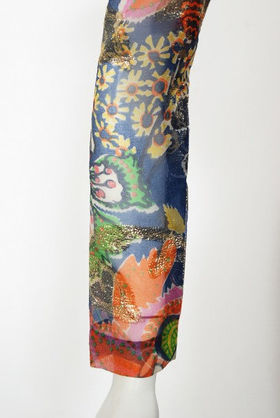 1970's Oscar de la Renta Metallic Navy Floral Silk Long-Sleeve Dress