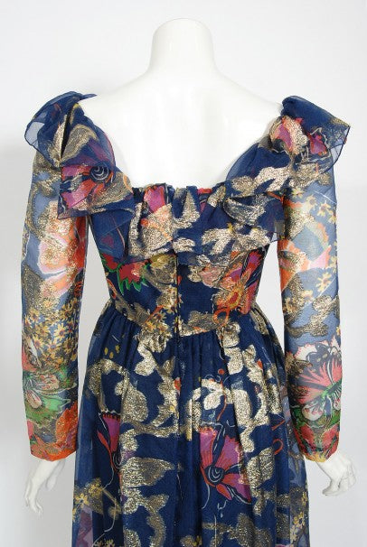 1970's Oscar de la Renta Metallic Navy Floral Silk Long-Sleeve Dress