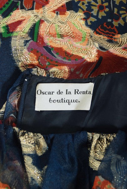 1970's Oscar de la Renta Metallic Navy Floral Silk Long-Sleeve Dress